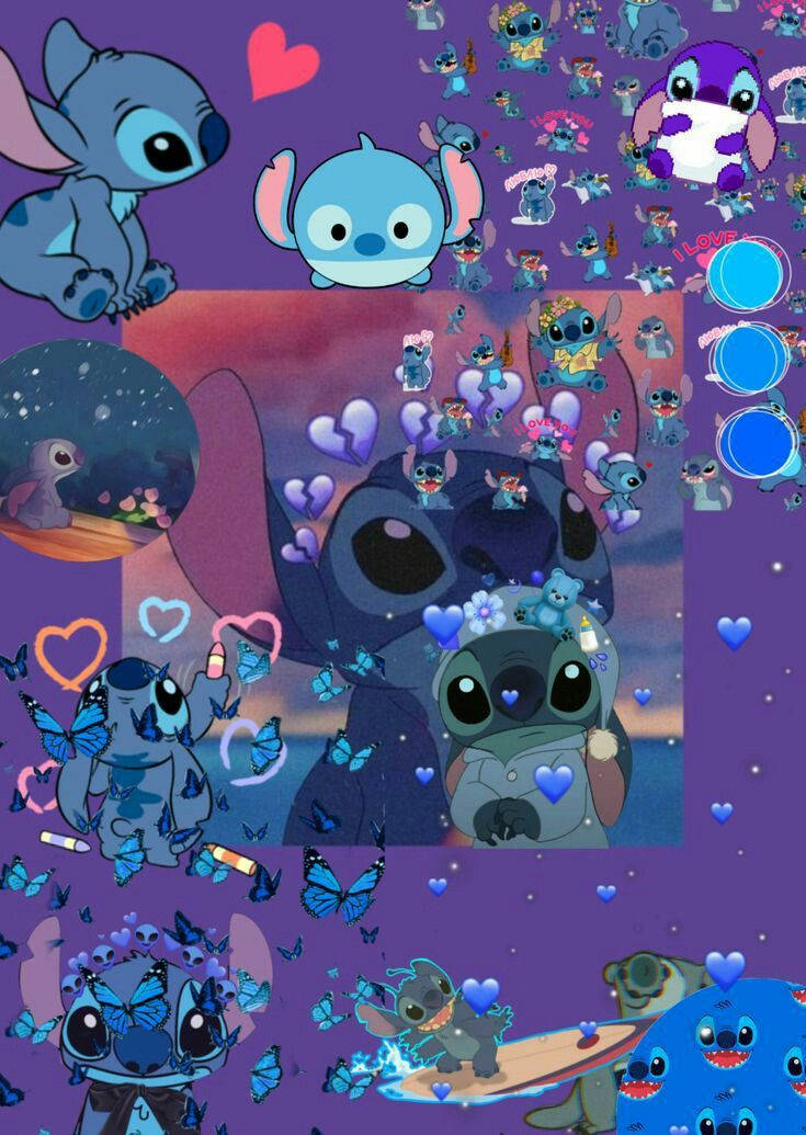 Collagede Corazones Morados Con Emojis De Stitch. Fondo de pantalla