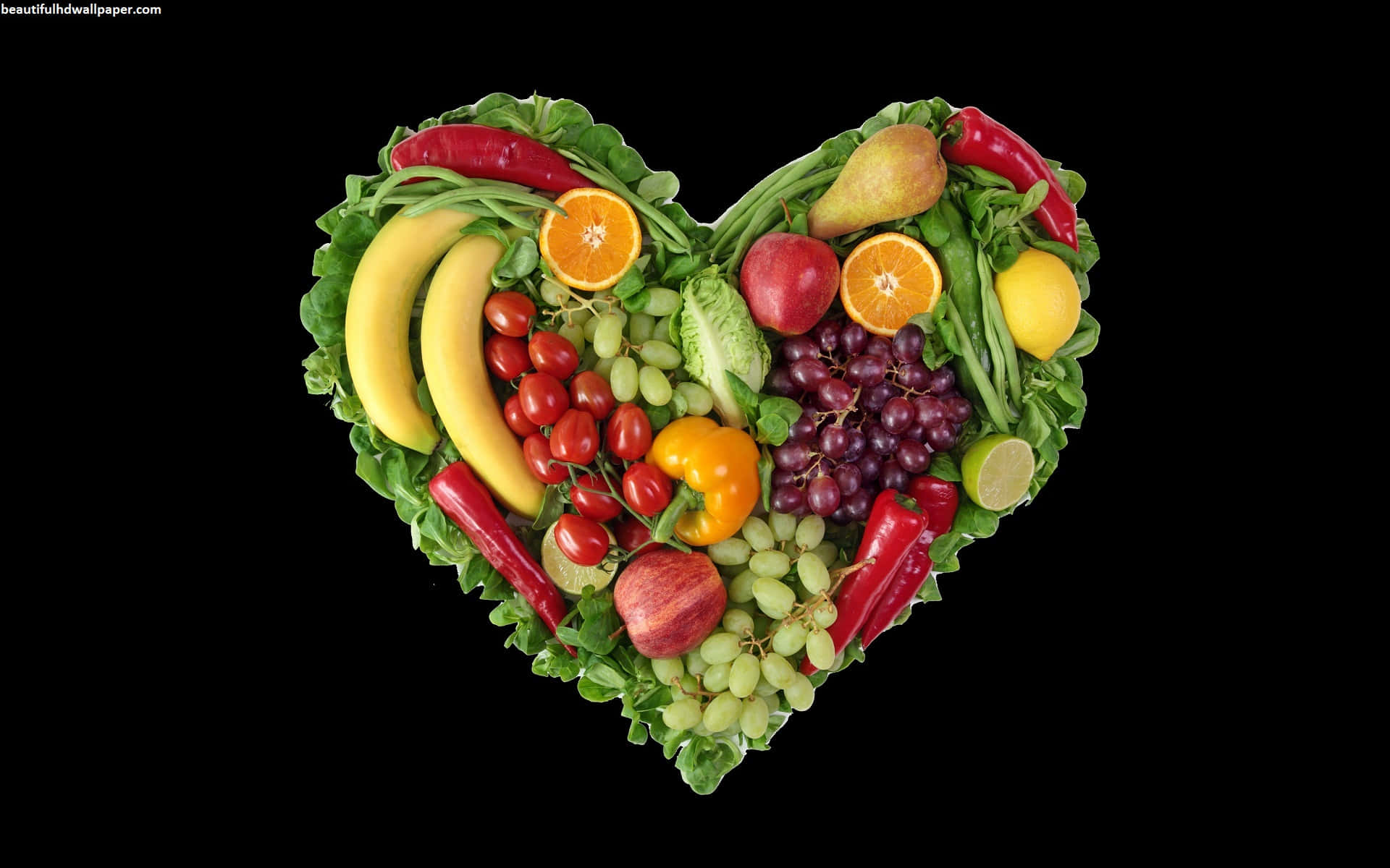 Heart-shaped Collection Of Fruits And Vegetables Wallpaper