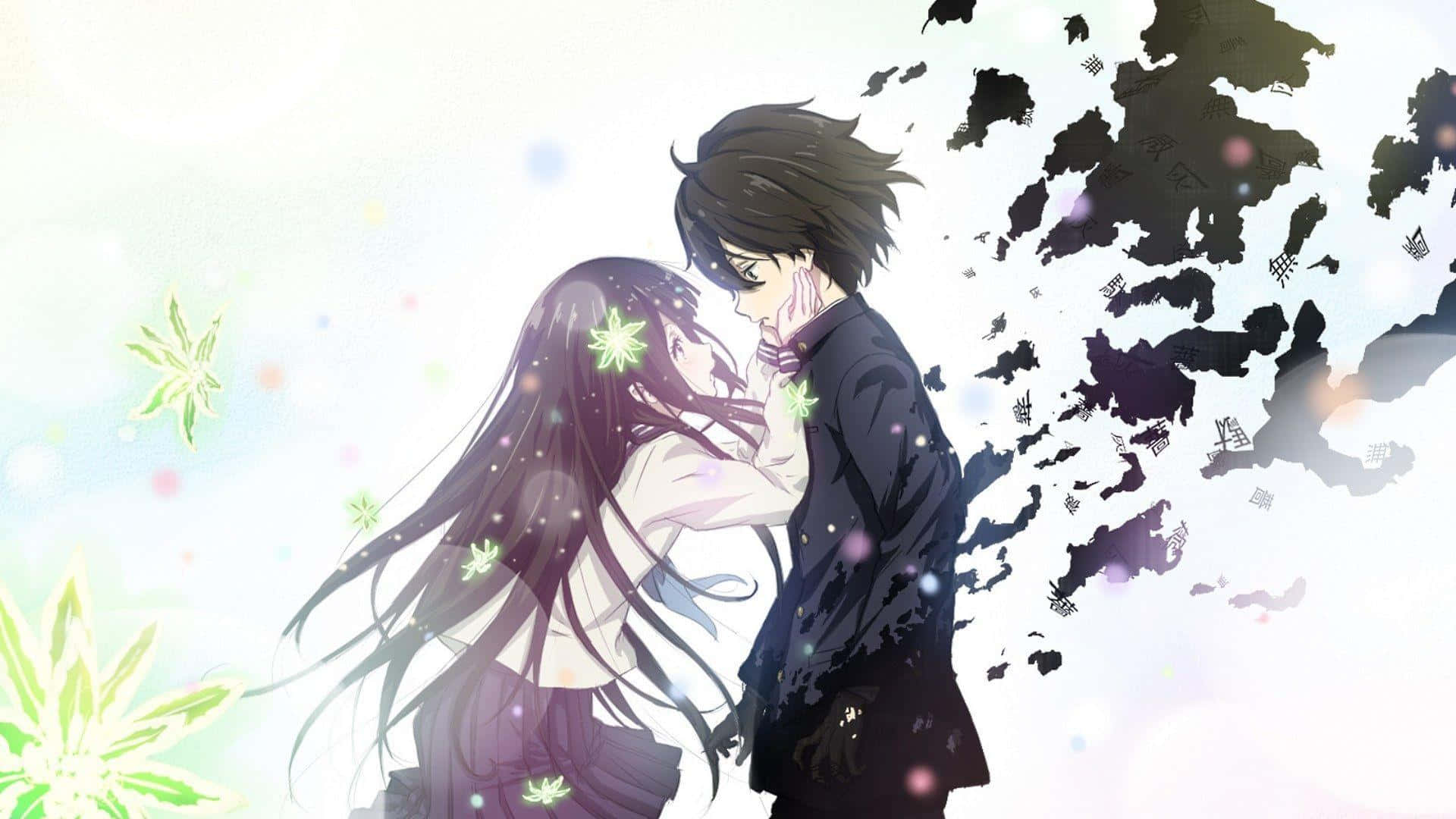 Et par anime figurer kysser foran en blomst set Wallpaper
