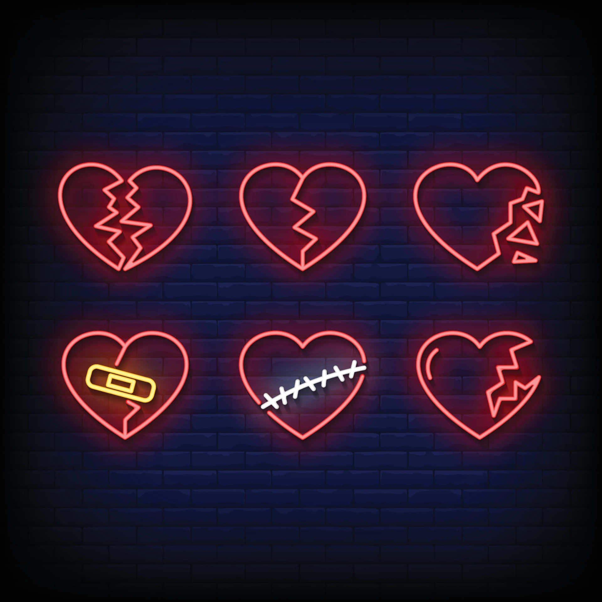 Neon Heart Broken Icons Set