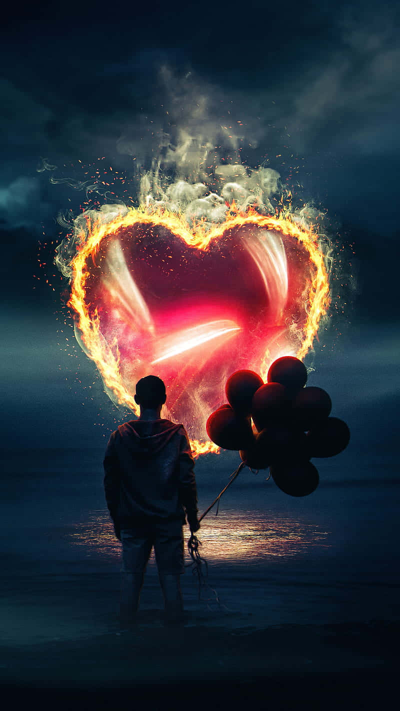 a man standing in front of a heart with balloons