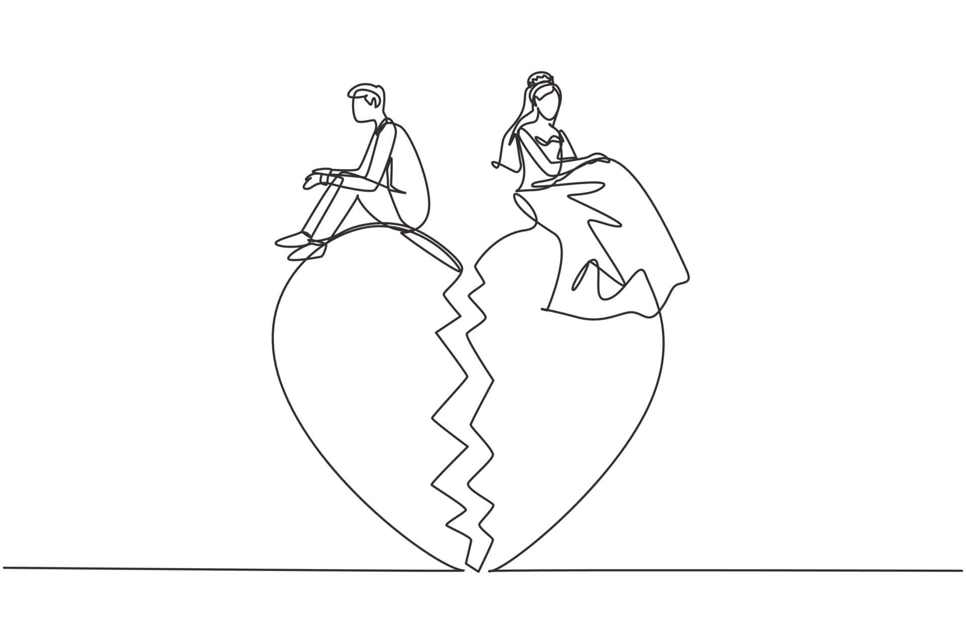 Einekontinuierliche Linienzeichnung Eines Paares, Das Auf Einem Gebrochenen Herz Sitzt