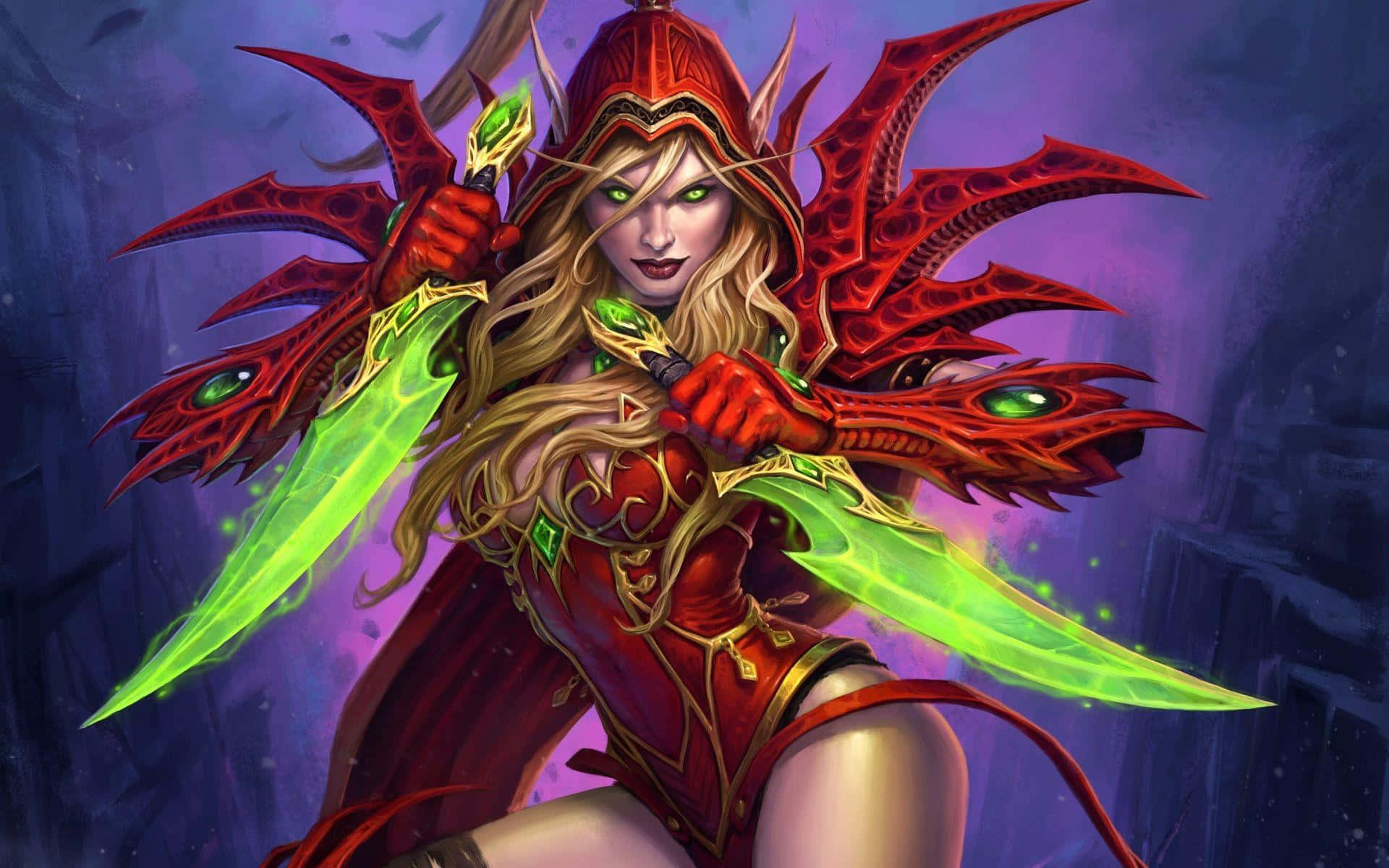 A Woman In A Red Costume Holding Two Green Swords