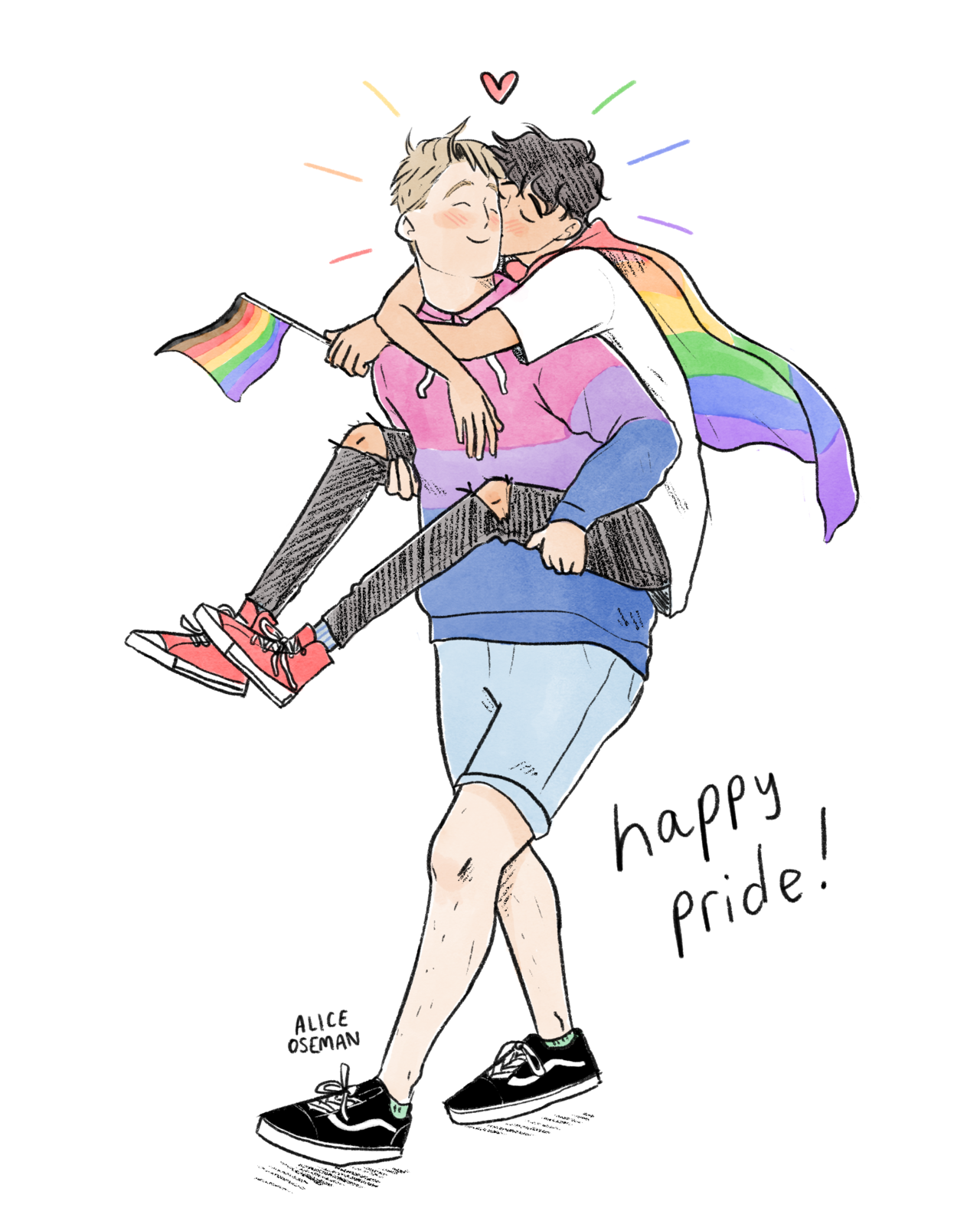 a man is holding a man with a rainbow flag Background — Two joyful people embrace with a rainbow flag and cape celebrating Pride in a vibrant illustrated style.