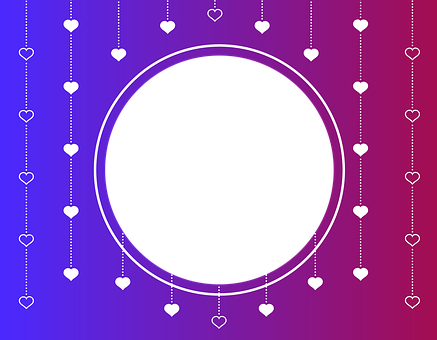 Heartstrings Gradient Background PNG — A circular black frame with white heart strings hanging vertically against a vibrant purple to magenta gradient background.