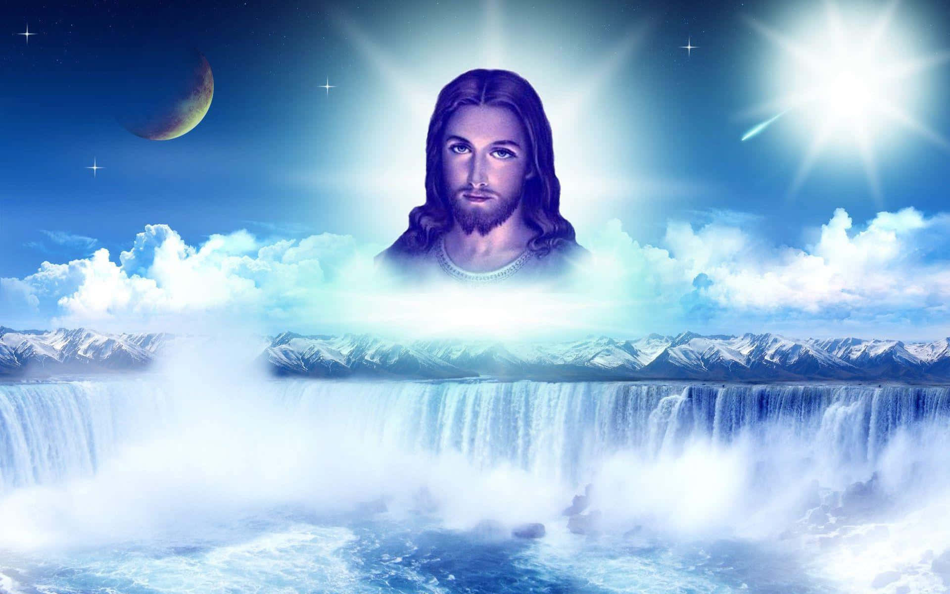 Waterfalls With Jesus In Heaven Background