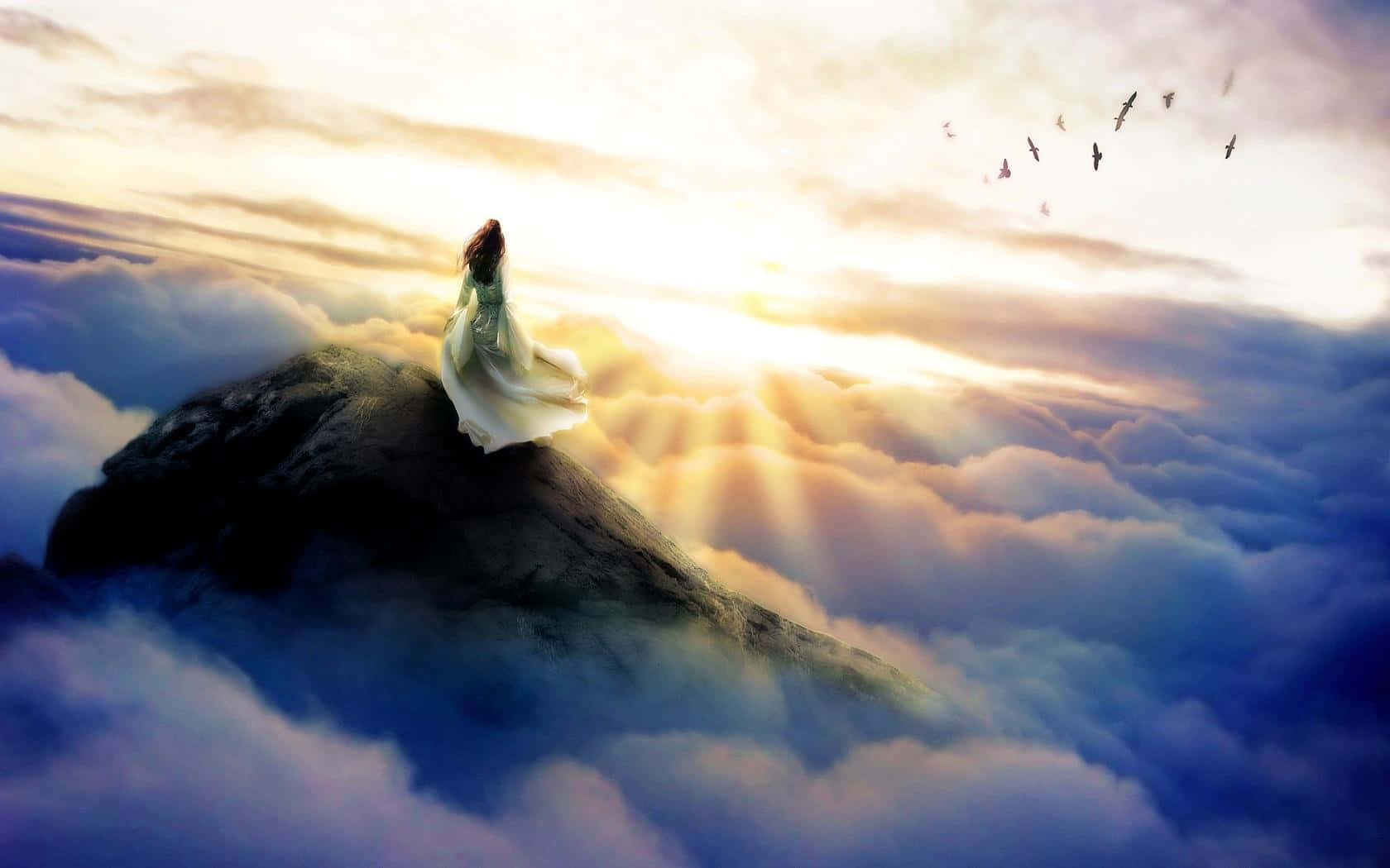 Woman On Mountain Peak Heaven Background