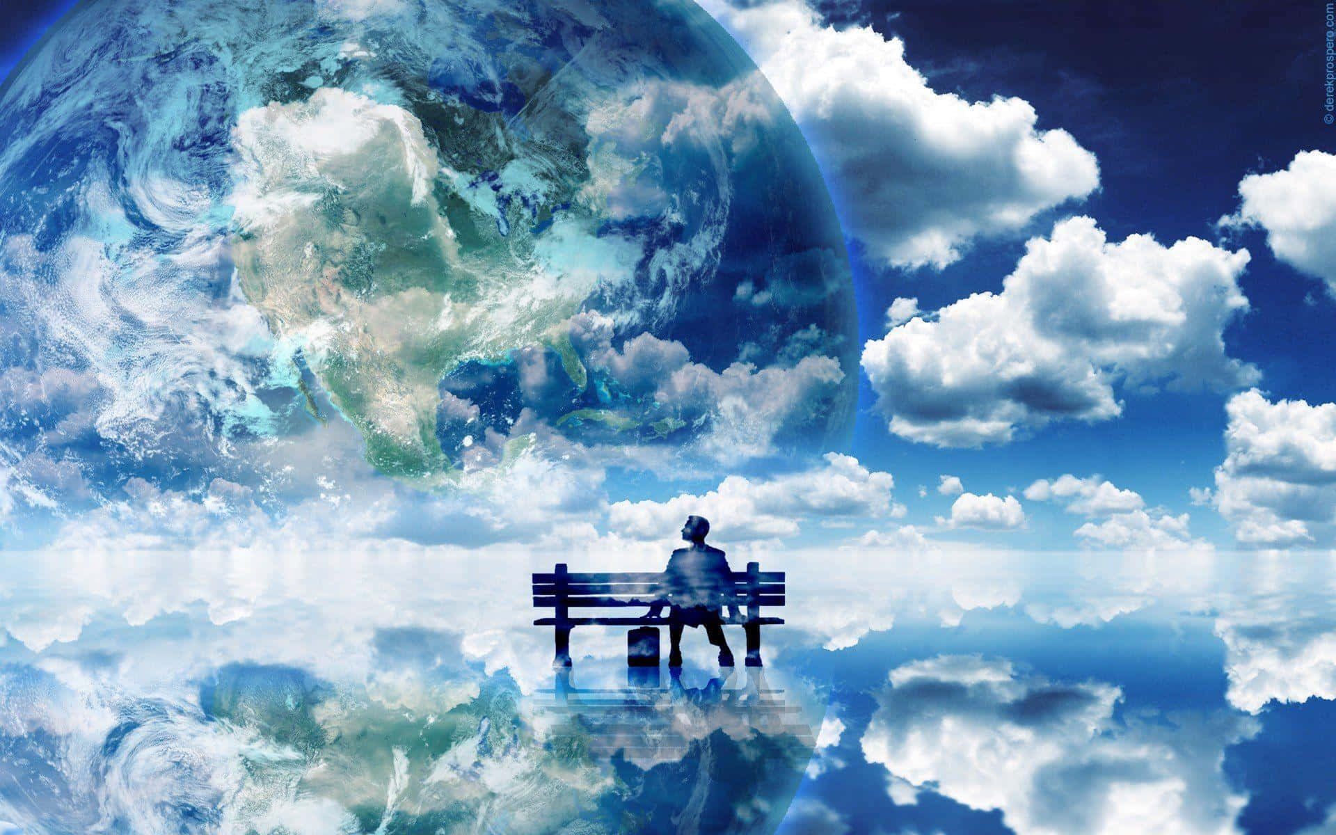 Person Sitting On Bench Heaven Background