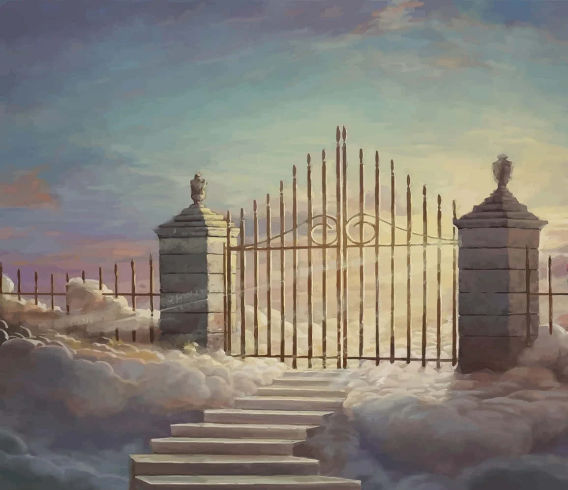 A Painting Of A Gate Leading To The Clouds