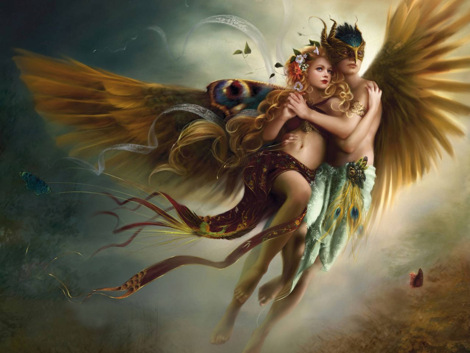 Flying Romantic Heavenly Angels Wallpaper