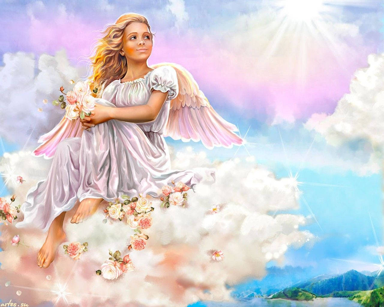 Heavenly Angels Holding Flowers Wallpaper