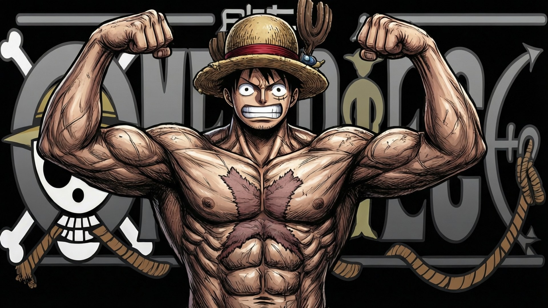 Sterk Chopper heavy point flexing med One Piece logo bakgrunnsveggpapir.