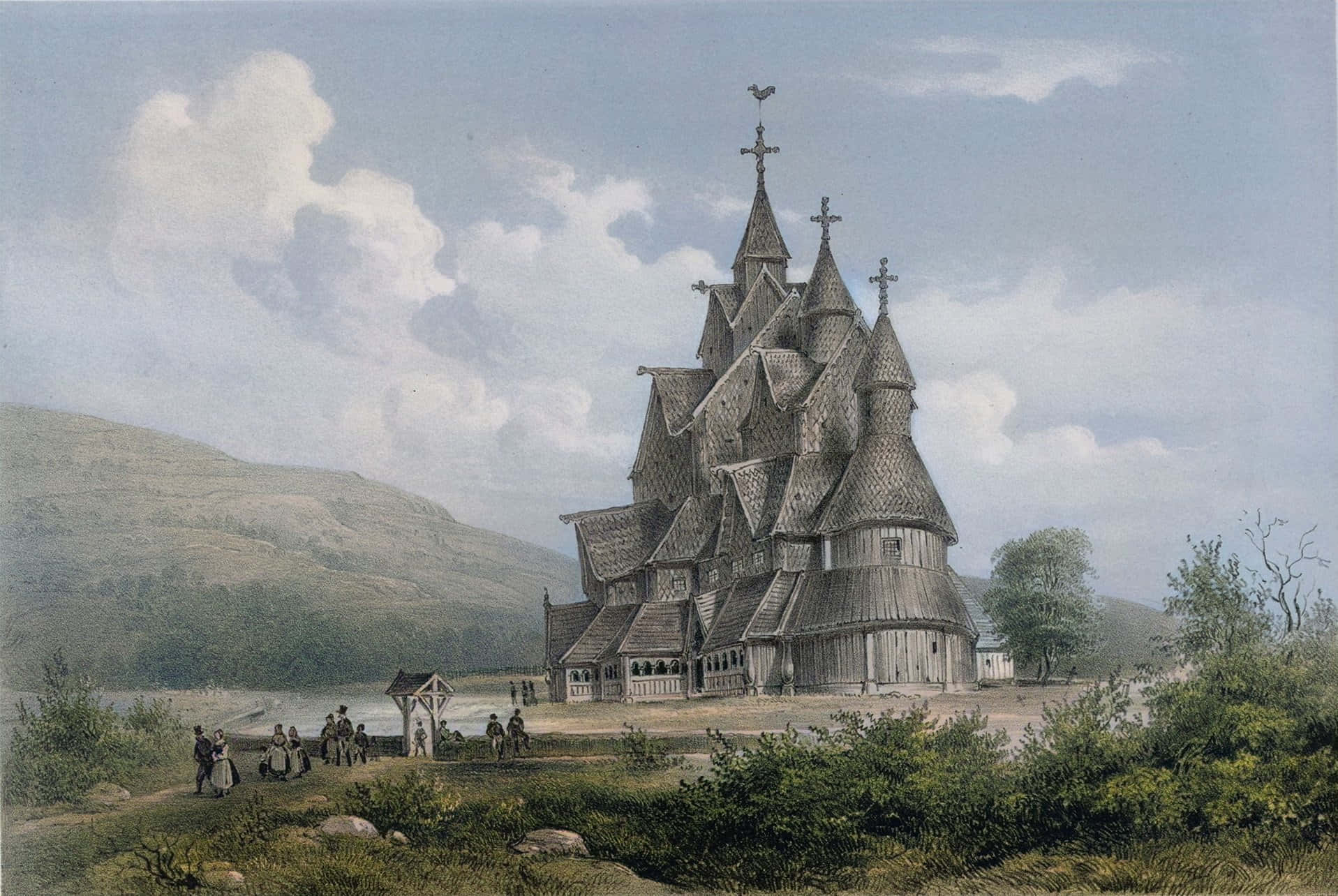 Pinturade La Iglesia De Madera De Heddal. Fondo de pantalla