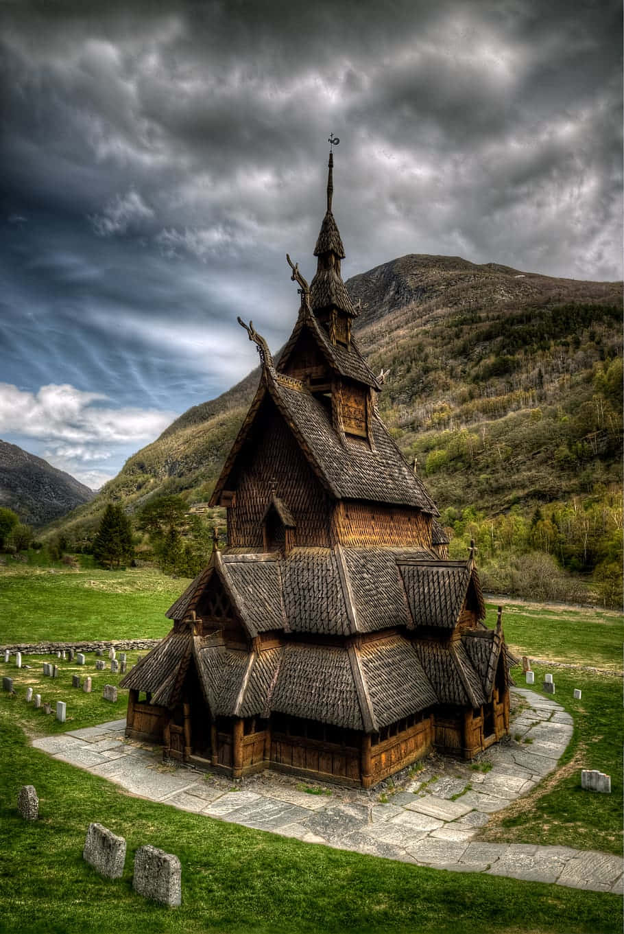 Heddal Stave Church Under Gray Clouds Wallpaper