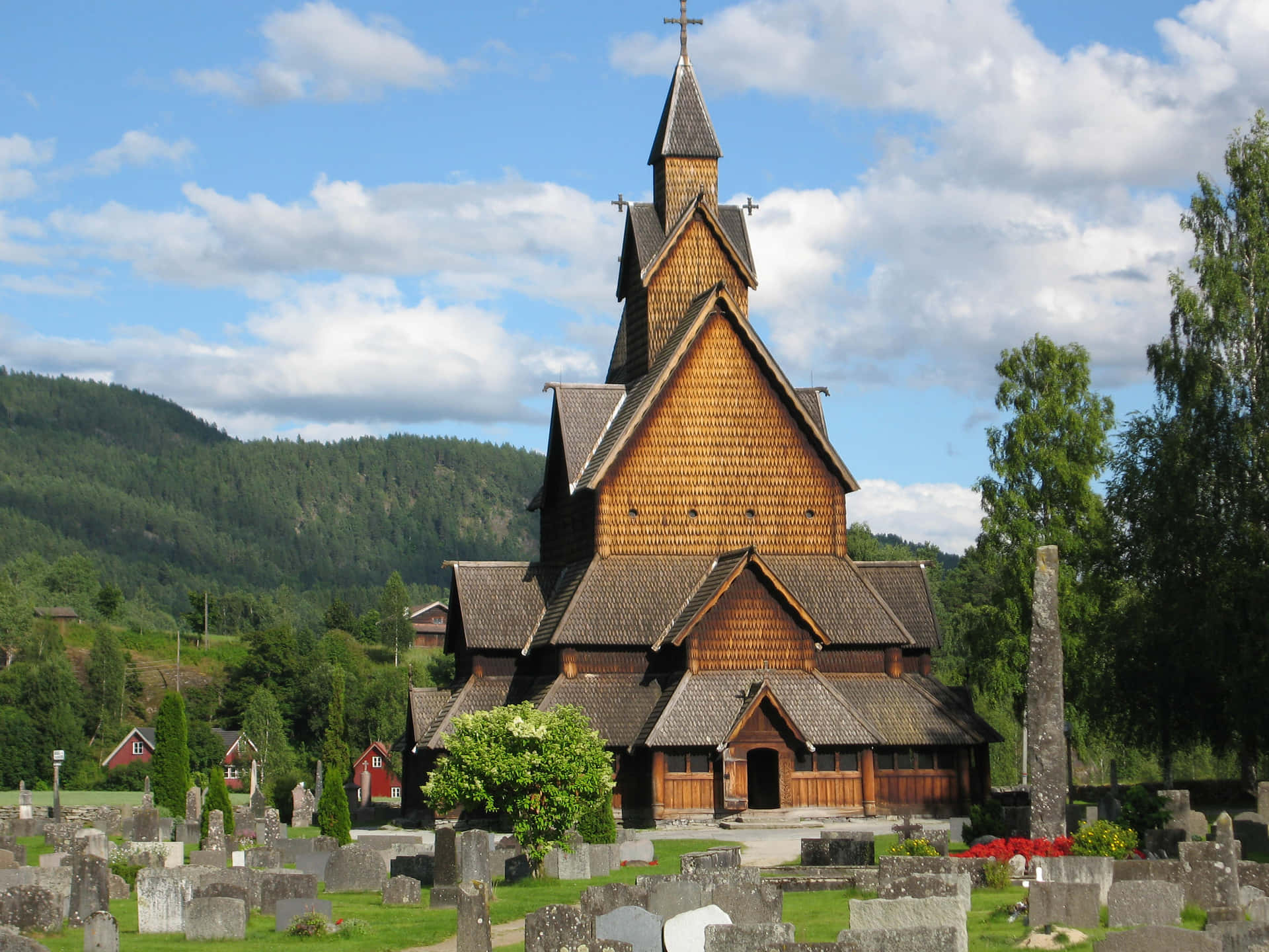 Heddal Stave Church With Mountain View Wallpaper