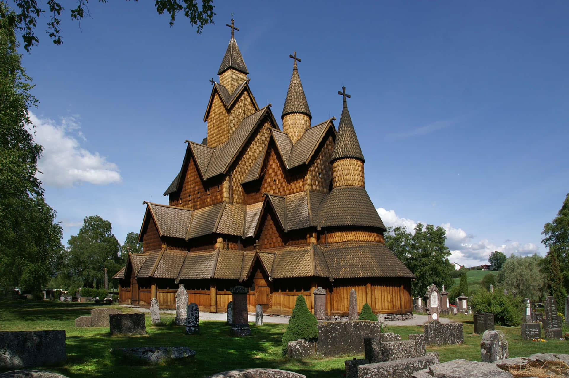 Heddal Stave Church With Trees Wallpaper