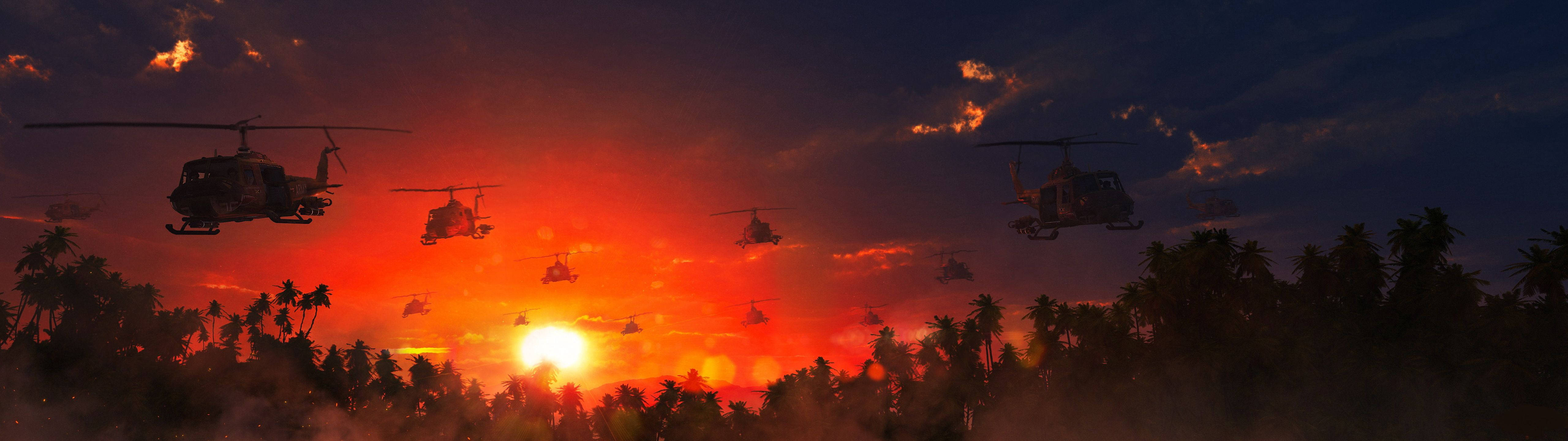 Image  Two Helicopters at Sunset Wallpaper