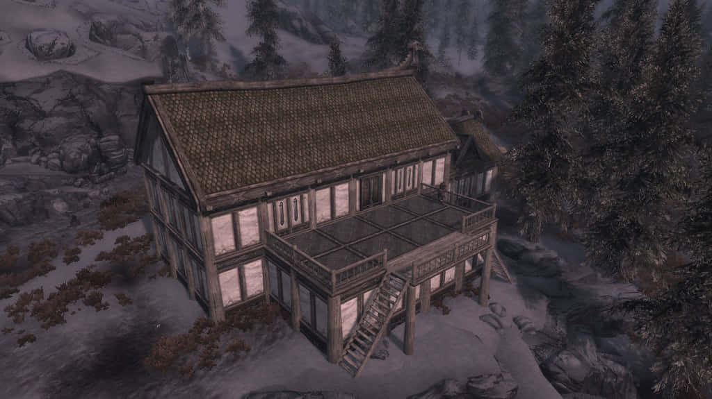 Stunning Heljarchen Hall amidst the picturesque Skyrim landscape Wallpaper