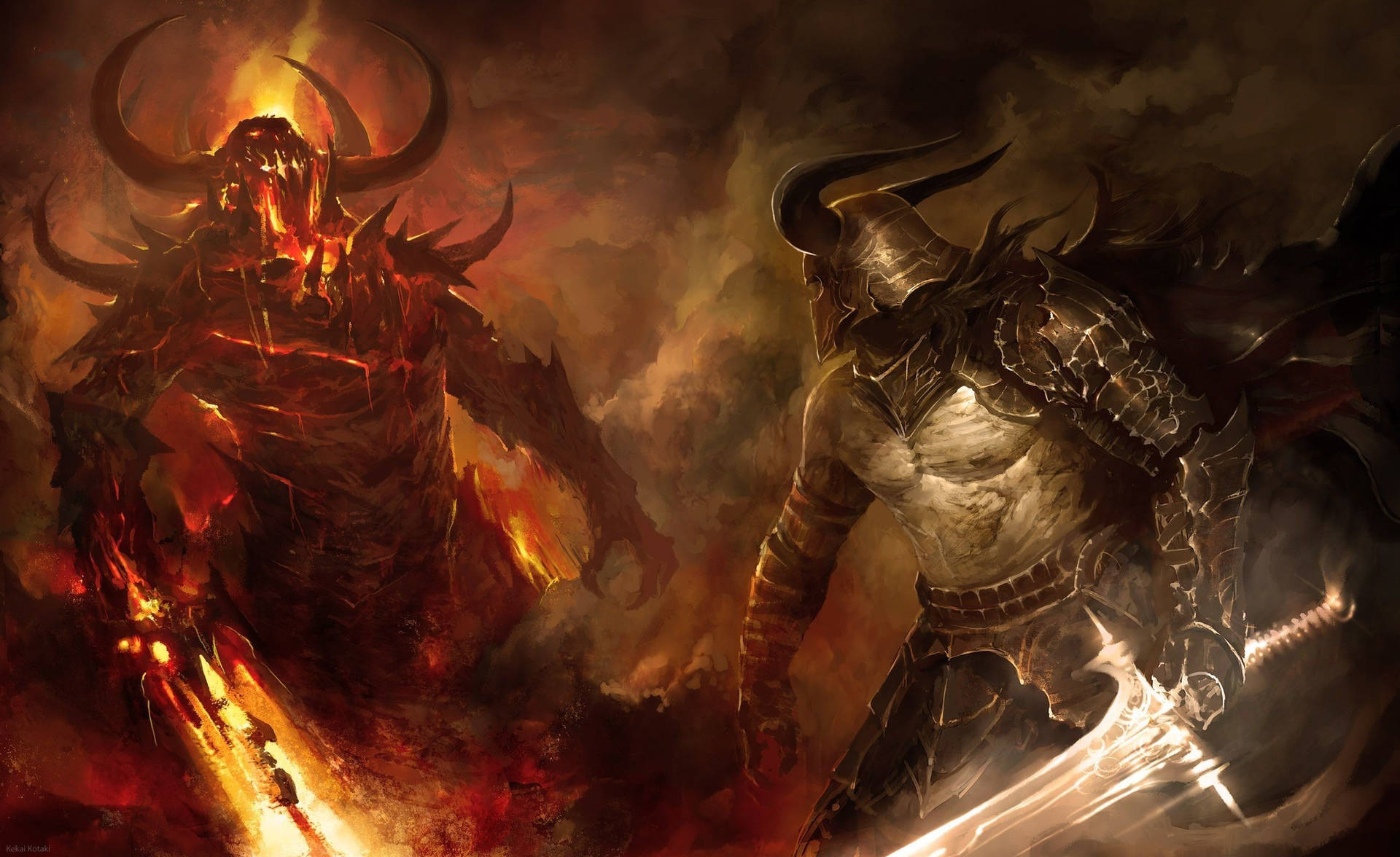 Two Demons With Swords In The Fire Wallpaper