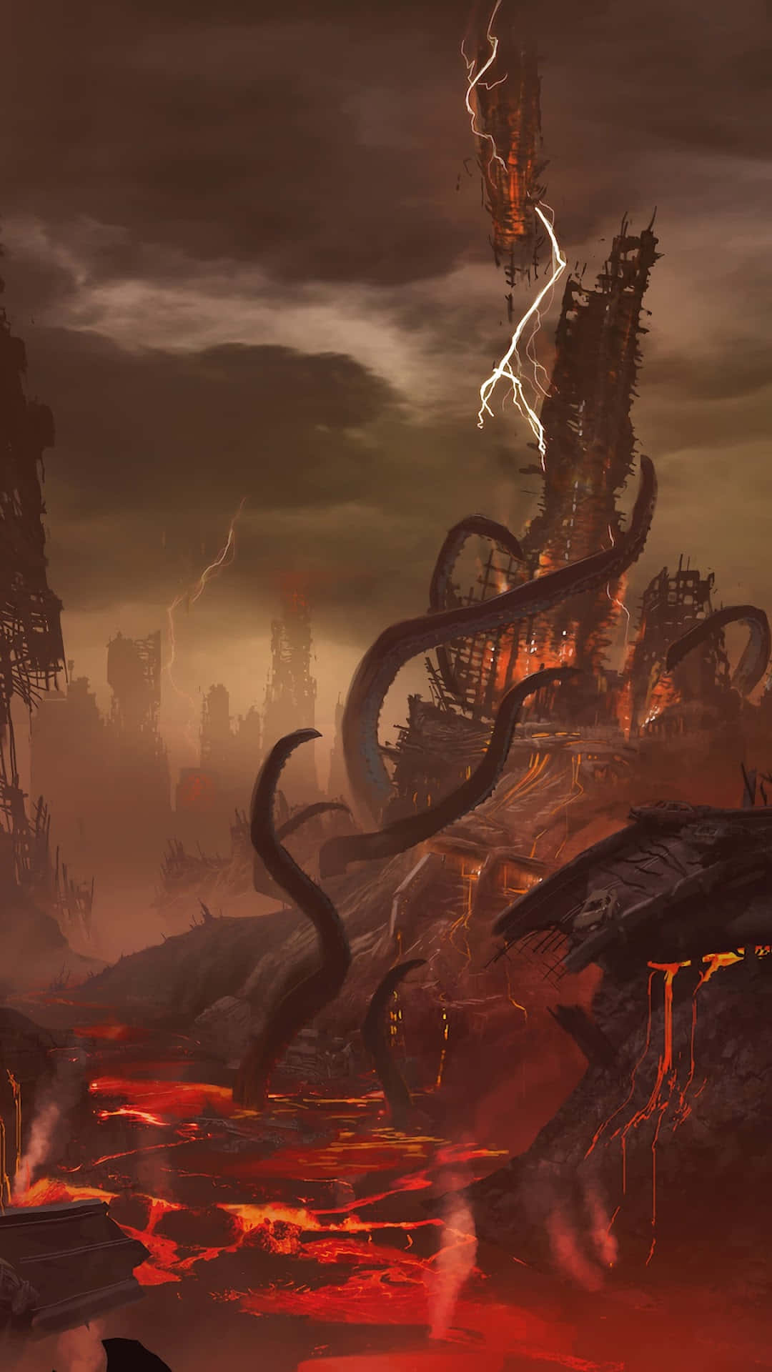 Tårn omgivet af tentakler i helvede baggrund