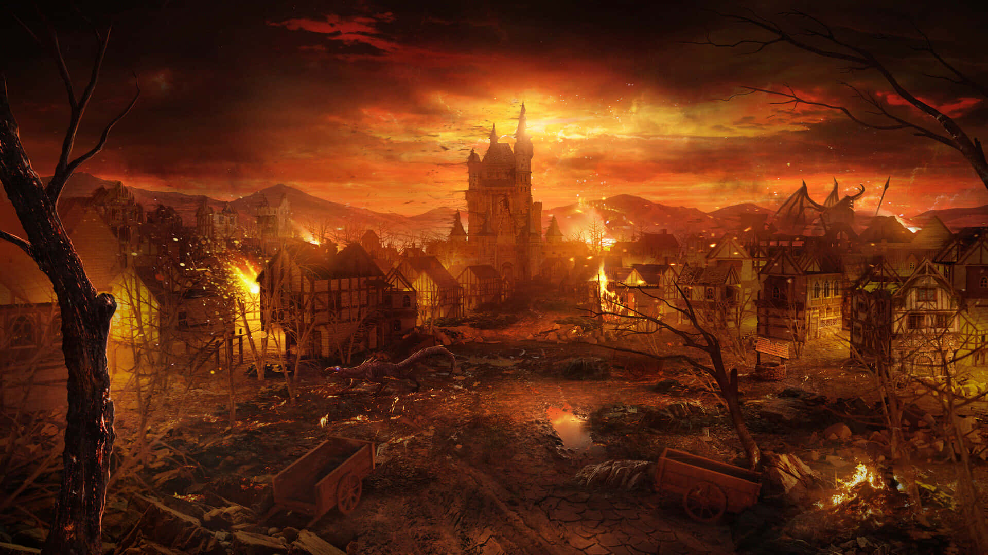 Altstadtin Flammen Hölle Hintergrund