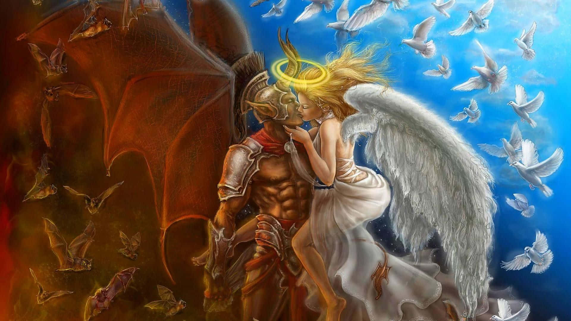 Engle og dæmoner - et maleri af to engle, der kysser hver sin side af en rødhornet djævel