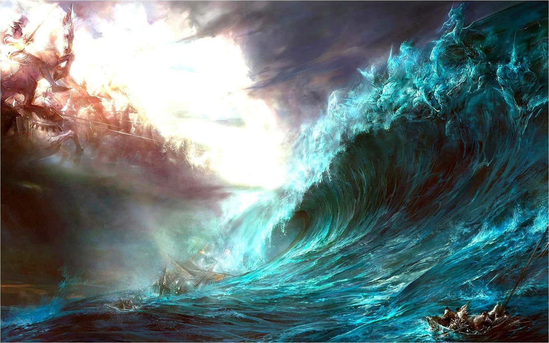 A Painting Of A Large Wave In The Ocean