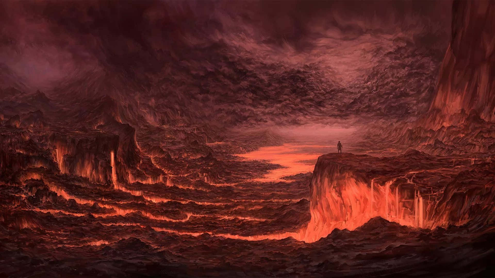 A Painting Of A Man Standing In Front Of A Lava Field