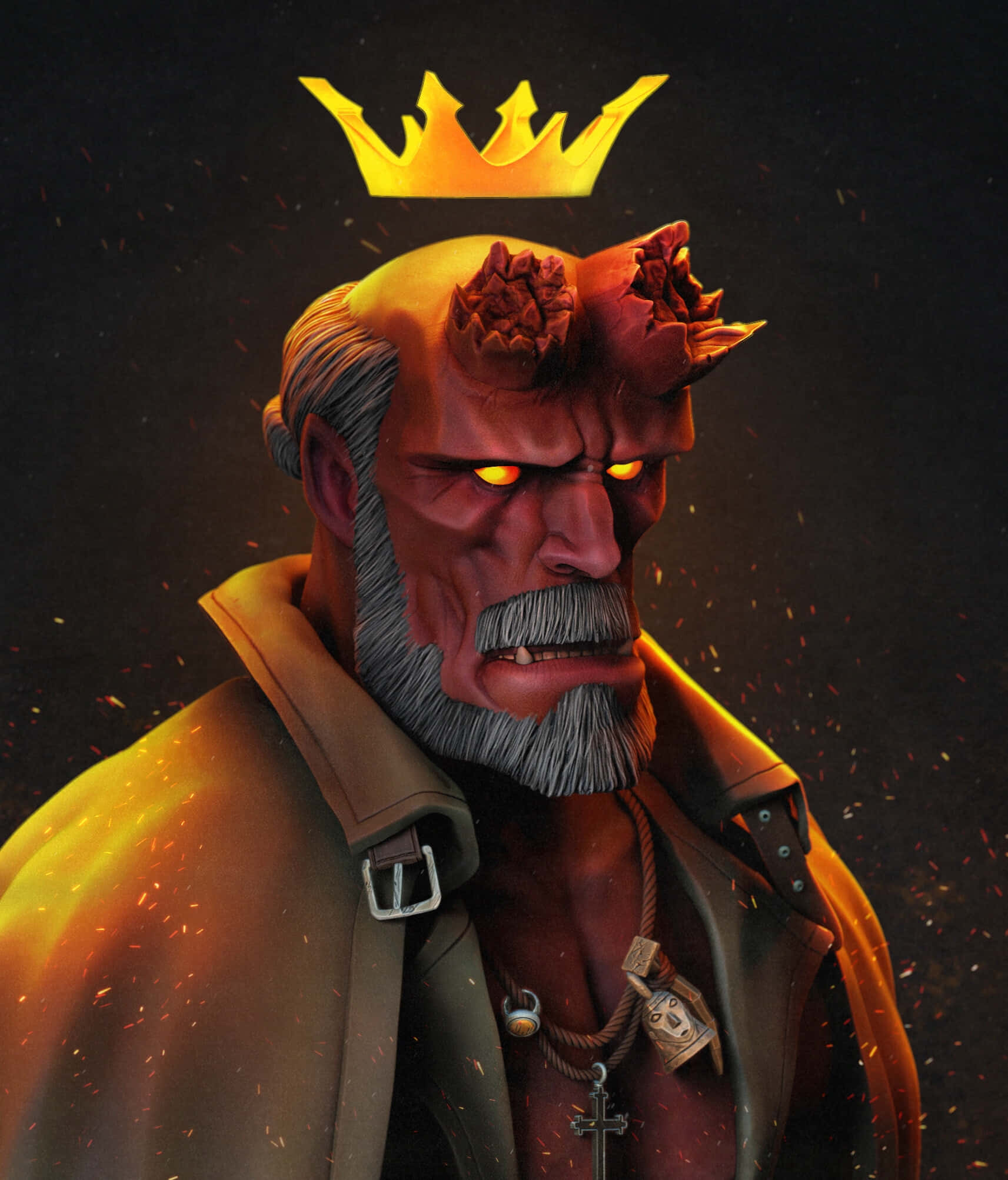 Hellboy_ Crowned_in_ Fire Wallpaper — A menacing red-skinned demon with glowing yellow eyes and horns wears a crown and trench coat amid floating embers against a dark background.