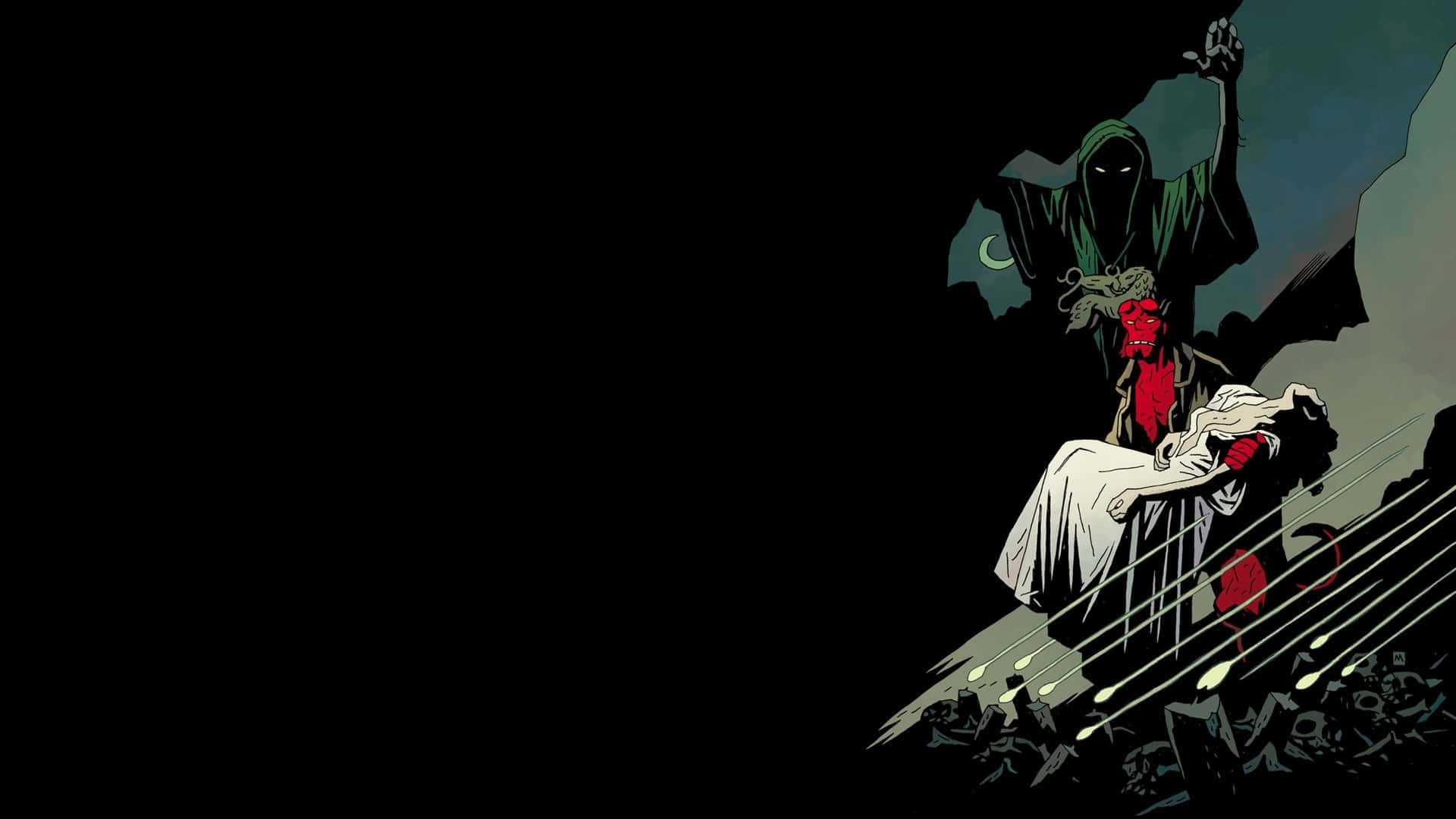 Hellboy_and_ Death_ Artwork Wallpaper — Hellboy in a white robe sits on a rocky ledge as a hooded figure raises a hand above him against a dark moonlit sky.