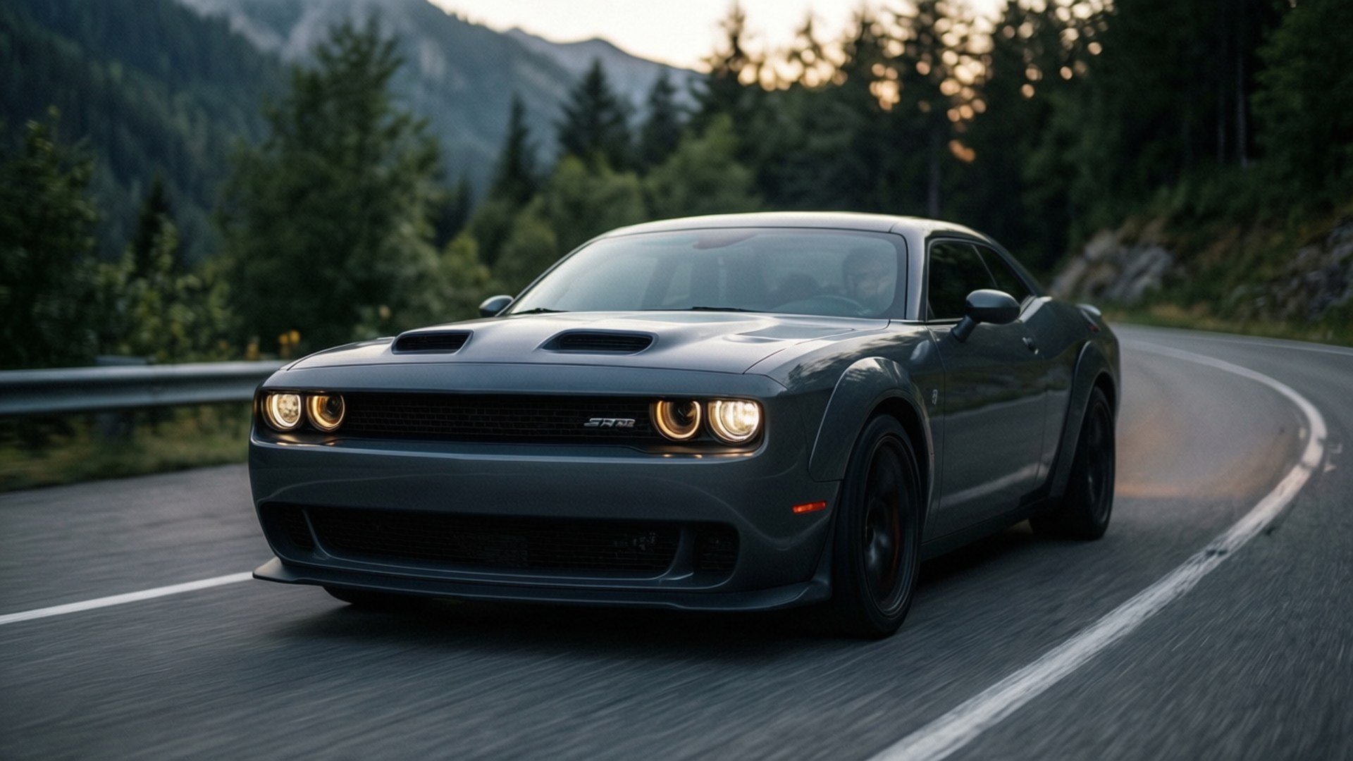 Mopar Dodge Challenger Hellcat di jalan pegunungan saat senja