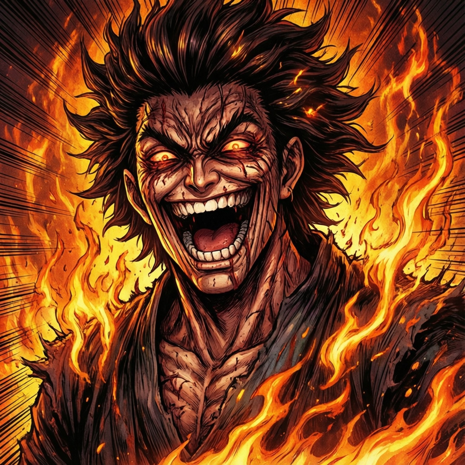 Rasende anime-kriger opslugt af flammer med glødende øjne og vildt hår.