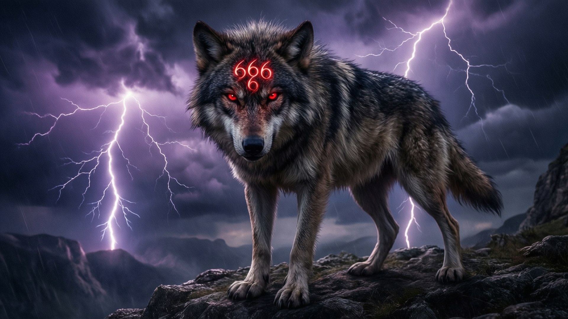 Un loup démoniaque avec 666 sur le front sur une falaise, wallpaper d'horreur épique