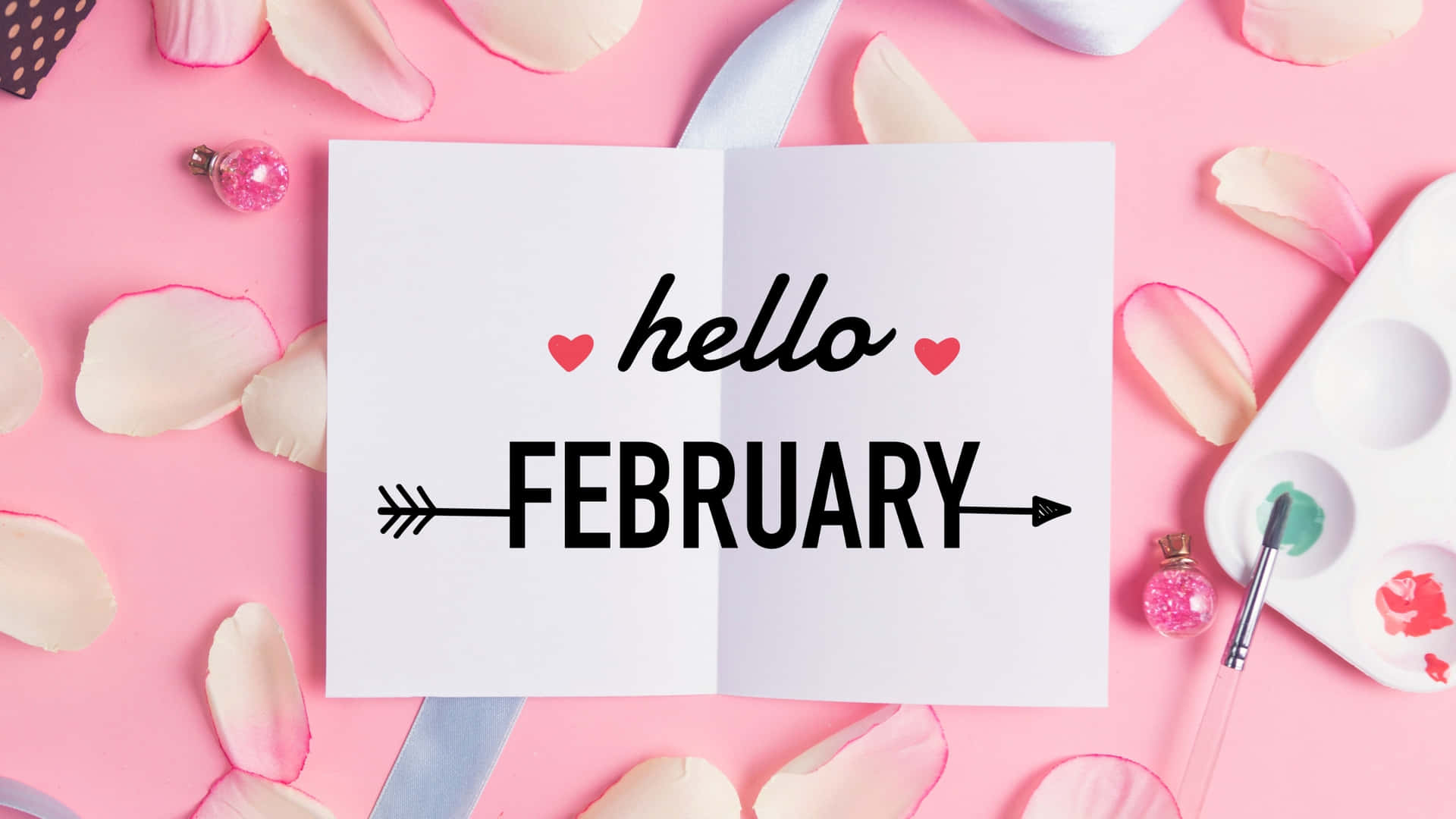 Hello February Greeting Card Pink Background Wallpaper