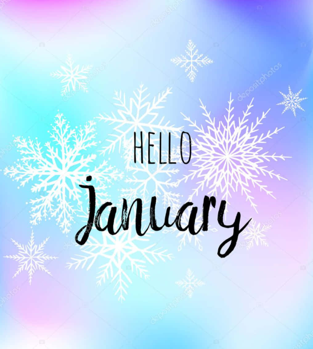 Hello January Lettering On A Blurred Background With Snowflakes Wallpaper
