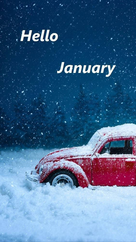 Hello January Snowy Red Car Wallpaper