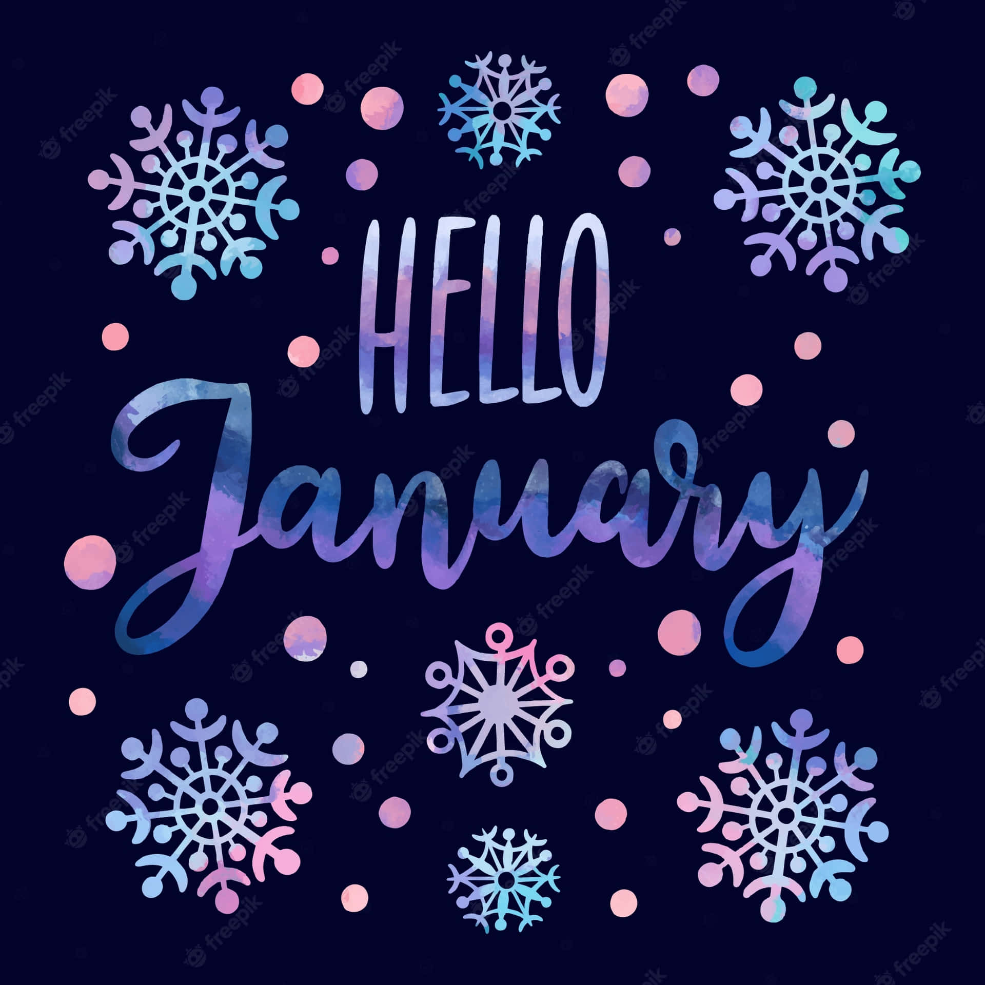 Hello January Handwritten Lettering On A Dark Background With Snowflakes Wallpaper