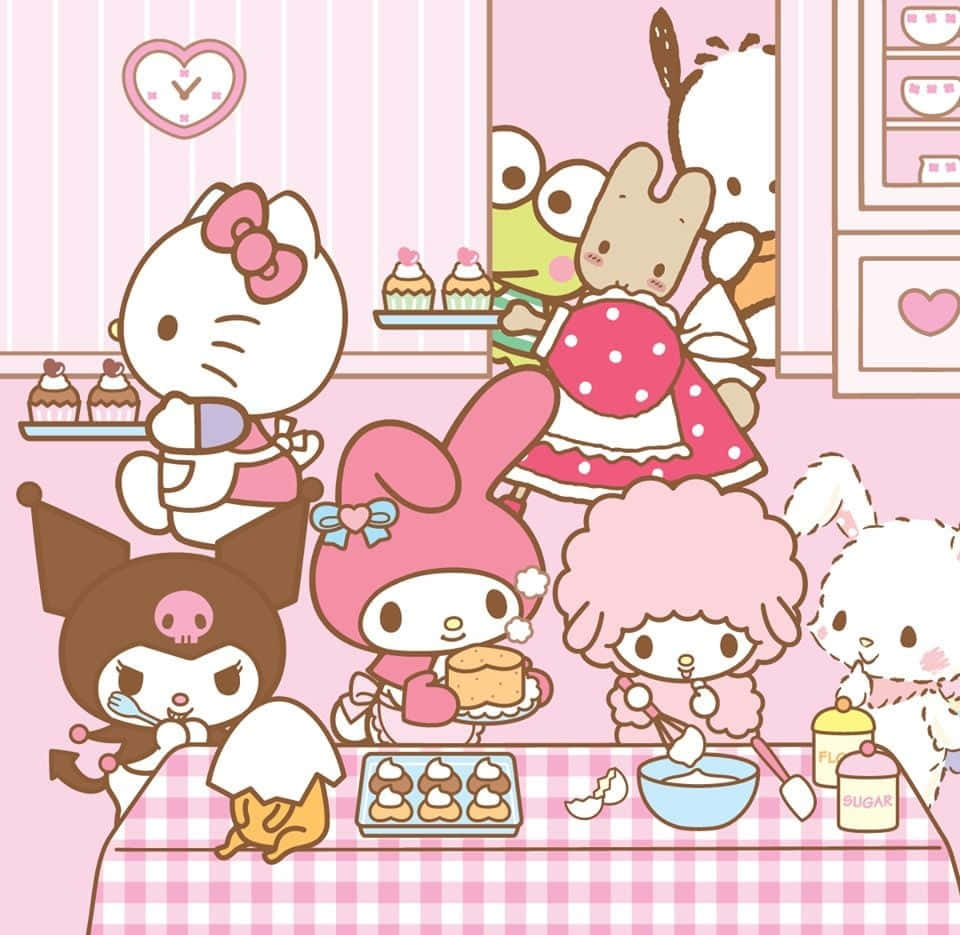 Hello Kitty En Vrienden Komen Samen Voor Plezier Achtergrond