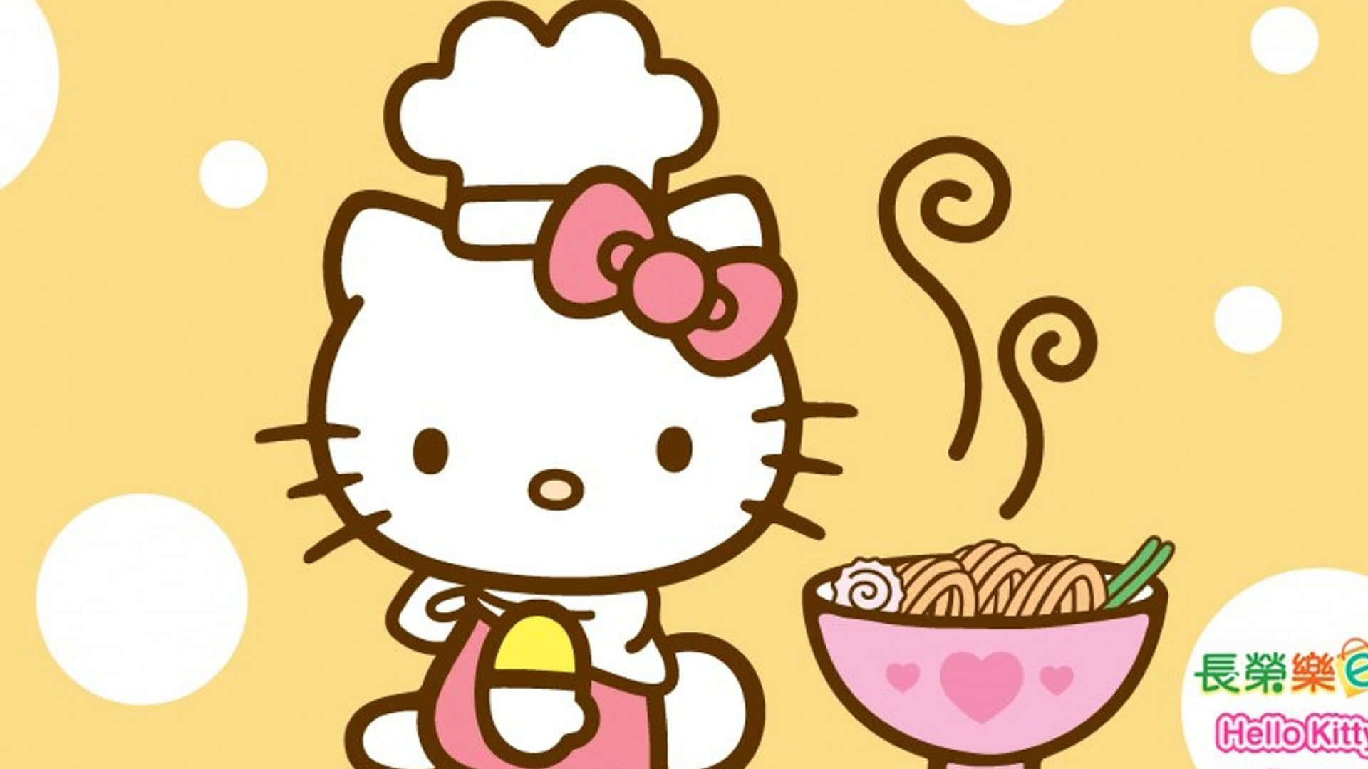 Fondocon Hello Kitty Accanto A Un Piatto Di Noodles