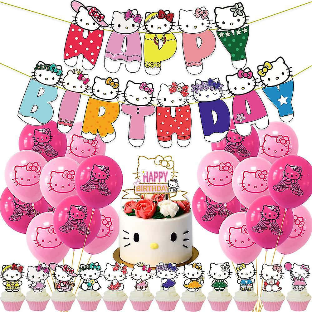 Adorable Hello Kitty Birthday Celebration with Cake and Gifts Wallpaper