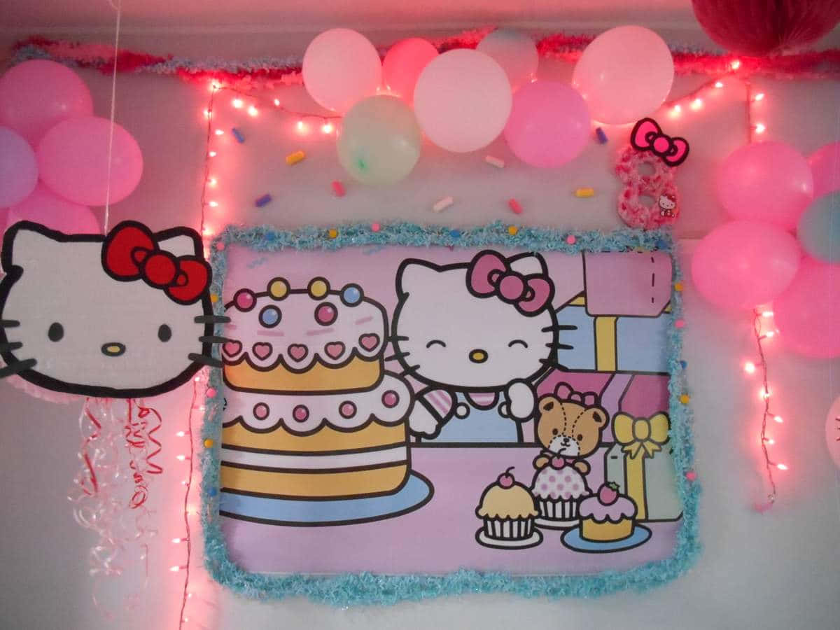 Celebrate a fun and colorful Hello Kitty Birthday party with this adorable wallpaper. Wallpaper