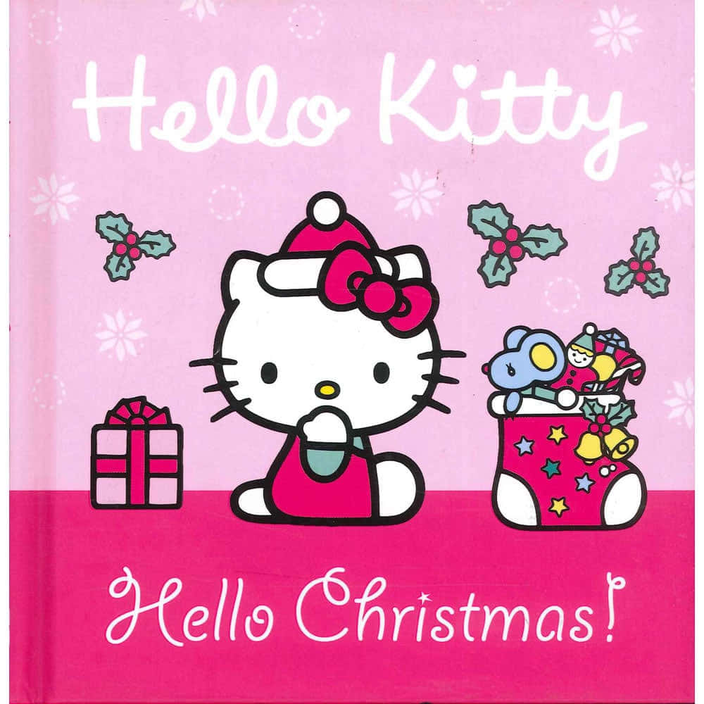 A festive Hello Kitty Christmas scene, with a Christmas tree, decorations and cosy fireplace Wallpaper