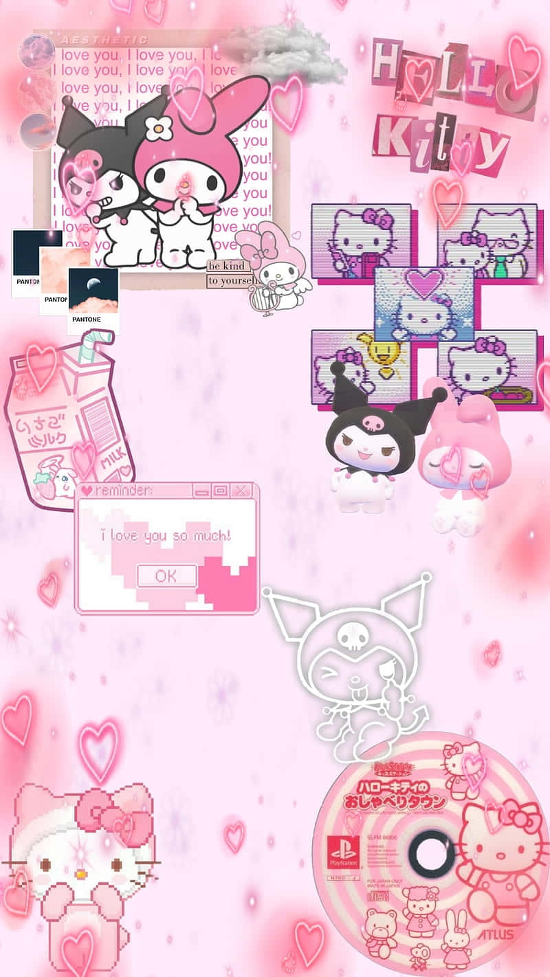 Hello Kitty Friends Pink Collage Aesthetic Wallpaper