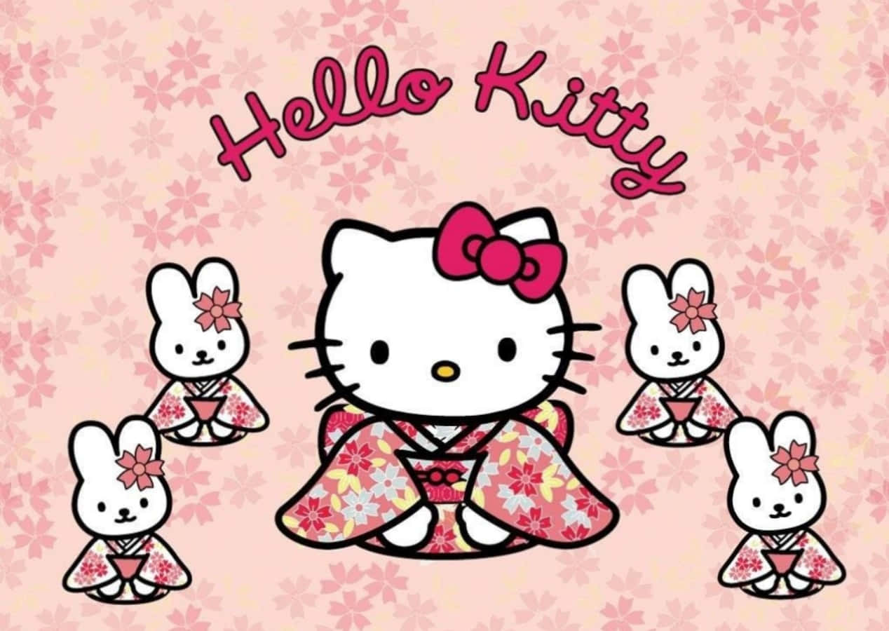 Laptopde Hello Kitty Con Conejitos Vestidos Con Kimonos. Fondo de pantalla