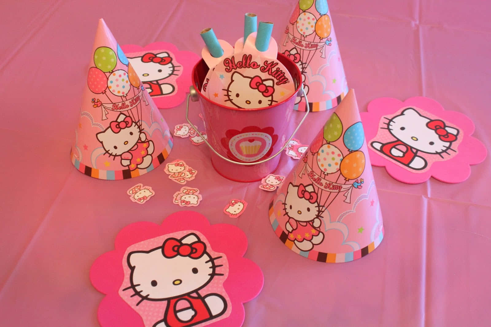 Hello Kitty Party with Pink Confetti and Decorations Wallpaper