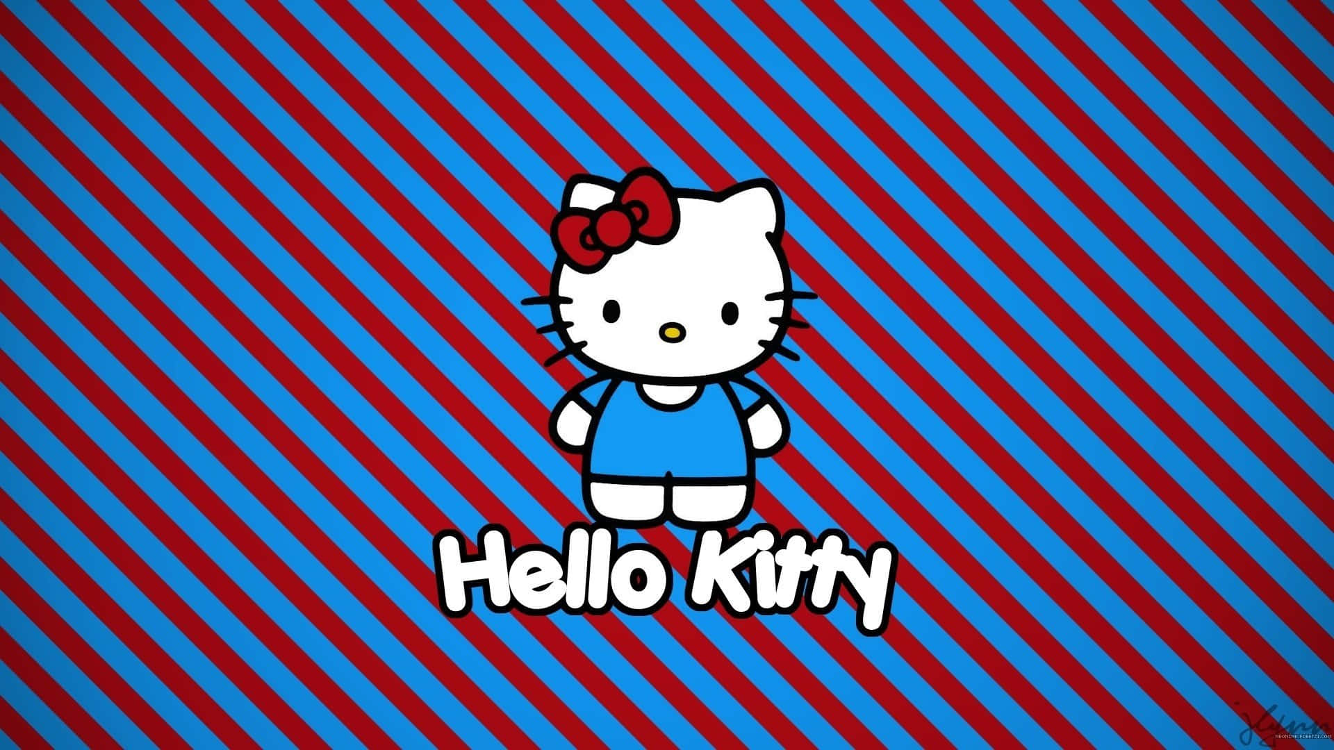 Hej Kitty på en blå og rød stribet baggrund Wallpaper
