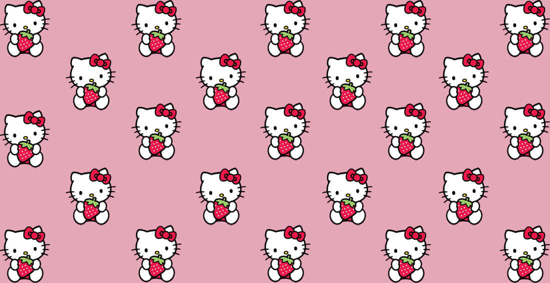 "Hello Kitty greets fans from a pink and white computer screen." Wallpaper