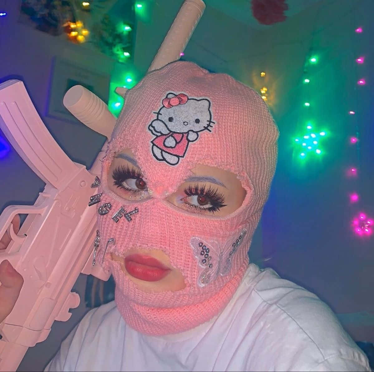 Hello Kitty Ski Mask Glitter Gun Aesthetic Wallpaper