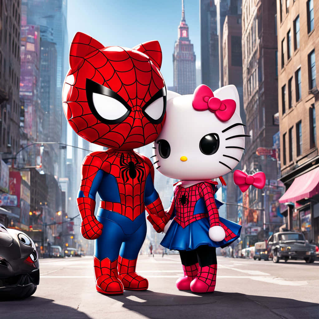 Hello Kitty Spiderman Crossover Cityscape Wallpaper