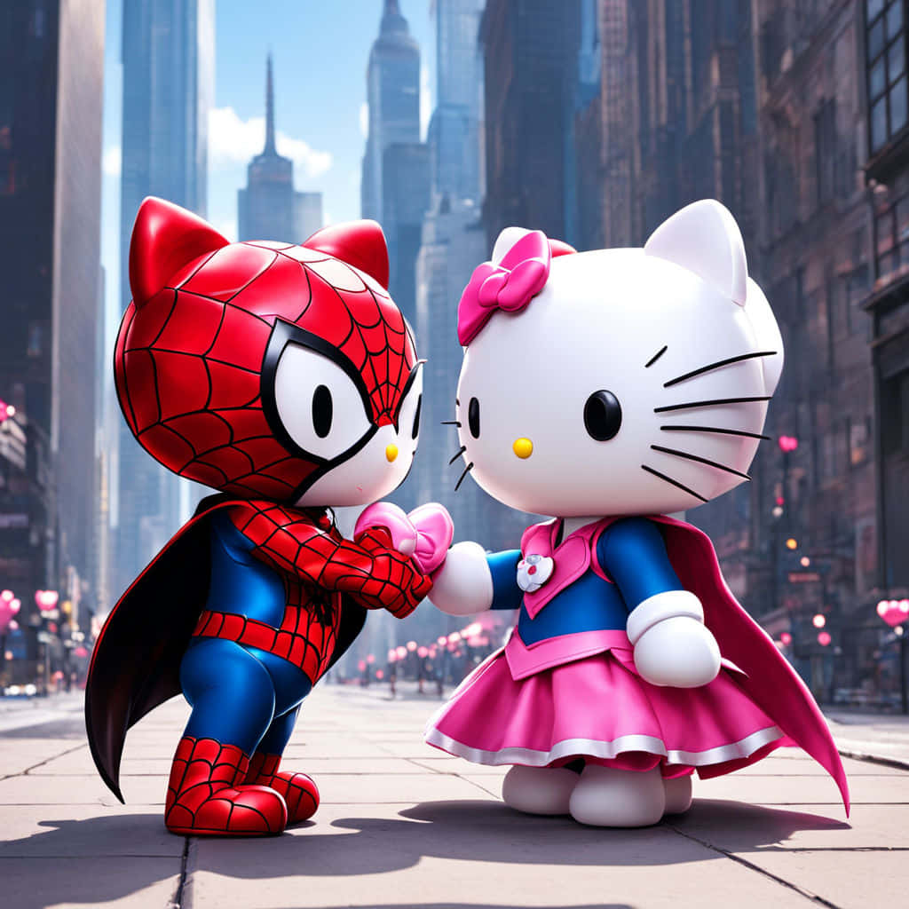 Hello Kitty Spiderman Crossover Cityscape Wallpaper